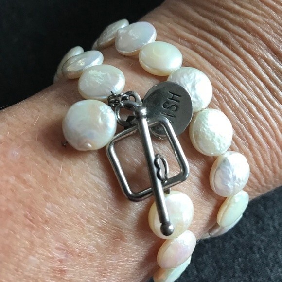 Vintage Handmade Coin Pearl Choker Necklace Sterling Wish Charm Heart Toggle 15" - Picture 7 of 8